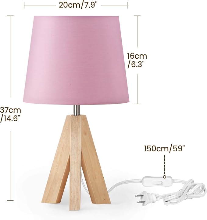 Pink Table Lamp, Small Tripod Table Lamp, Boho Bedside Lamp with Pink Linen Shade & Wood Base, Modern Nightstand Lamps, Little Cute Desk Lamp for Girls Room, Kids Room, Bedroom, P51TL05