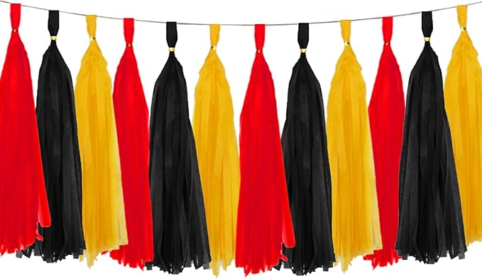 Red and Black and Yellow Tassel Garland Paper Tissue Tassels Garland for Party Decorations, Pack of 15