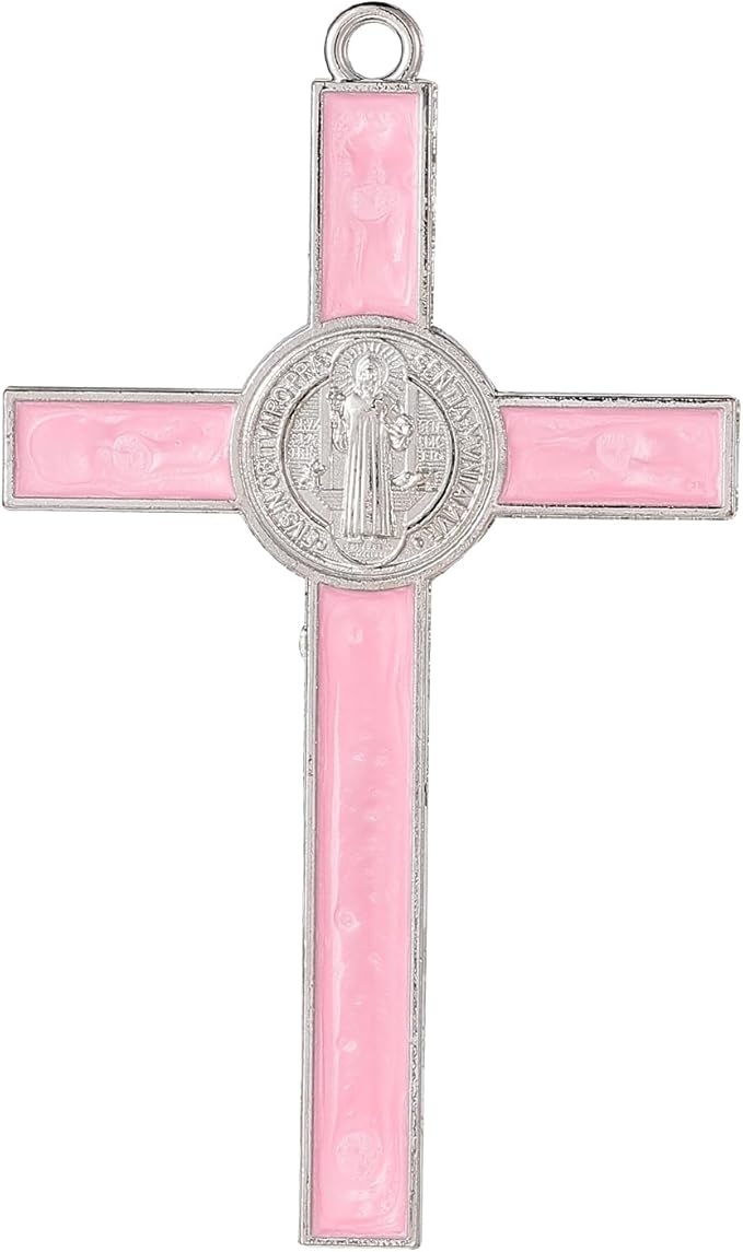 VINETEN Crucifix - Saint Benedict Crucifix Wall Cross Give Blessing and The Spiritual Sacred Pink Enamel Wall Cruciifx for Girl 5 Inch