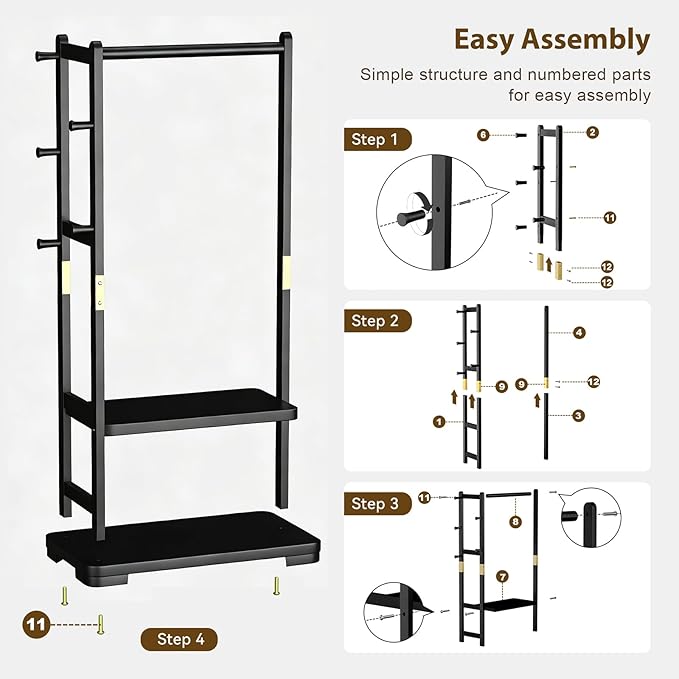 Solid Wood Clothes Rack with 2 Shelves & 4 Hooks for Hanging Clothes Garment Wallets Hats, Black Clothing Rack Heavy Duty Coat Rack Freestanding with Storage Hall Tree for Hallway Bedroom Living Room