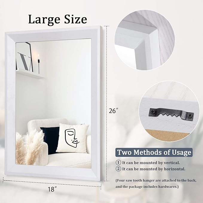 AAZZKANG Rectangular Wall Mirror Decorative Wood Framed Mirrors Large 26"x18" for Farmhouse Bedroom Bathroom Living Room Entryway Hanging Home Decor