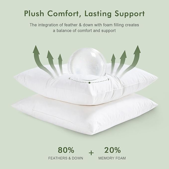 Feathers Down Pillow Inserts 26x26, Set of 2, Euro Pillow Insert with 100% Organic Cotton Shell, Soft Decorative Throw Pillow for Living Room, Sofa, Couch, or Bed (White)