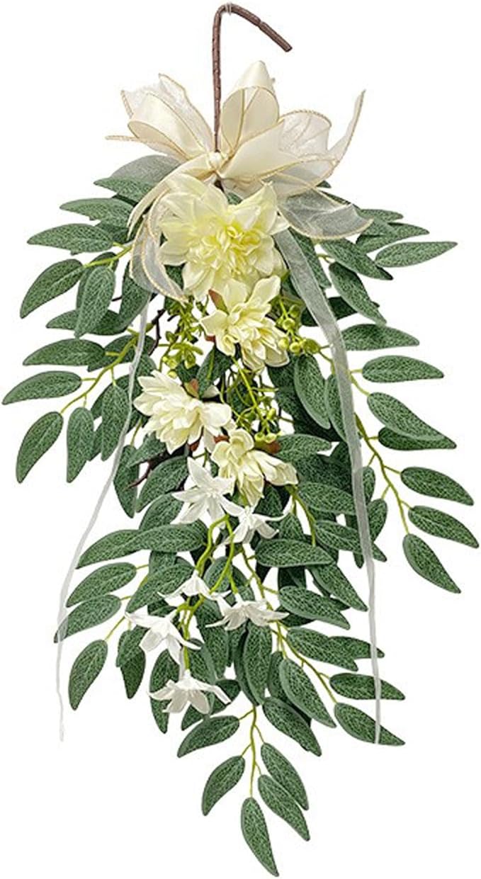 belupai 26.4 Inch Artificial Willows Swag with Flowers, Fake Wall Hanging Greenery Teardrop Dahlia Wreath Eucalyptus Garland with Bow Ribbon for Front Door Farmhouse Decor(White)