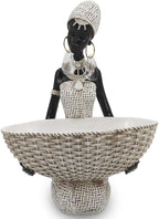 Lescafita Ivory White African Seated Woman Statue - Serene Tribal Figure with Crystal Earrings, Minimalist Resin Home Decor for Shelves/Desks (9" H)