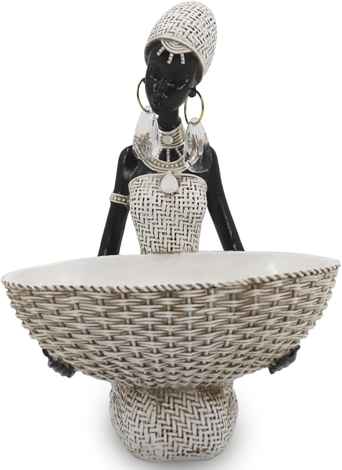 Lescafita Ivory White African Seated Woman Statue - Serene Tribal Figure with Crystal Earrings, Minimalist Resin Home Decor for Shelves/Desks (9" H)