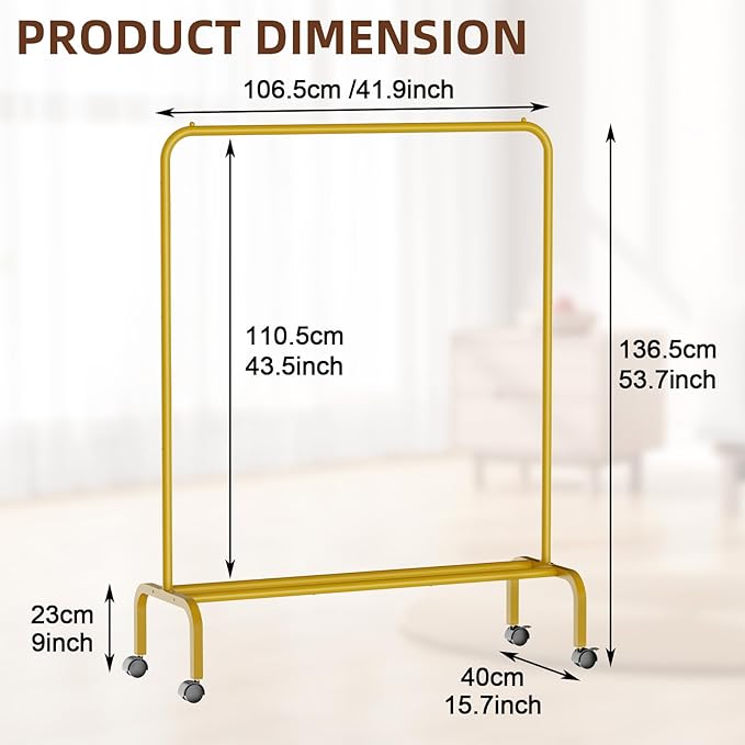 Rolling Clothing Racks for Hanging Clothes, Garment Rack for Clothes to Hang, Metal Portable Wardrobe Rack for Coats, Jackets, Shirts, Dress,Warm Gold