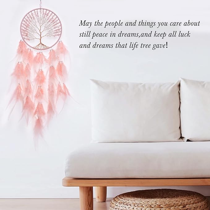 Pretty Jolly Pure Pink Tree of Life Dream Catcher Wall Decor with Healing Crystal Stone Handmade Feather Dream Catchers Decoration Wall Hanging Bedroom Living Room Wedding Party Home Decor-25.6"