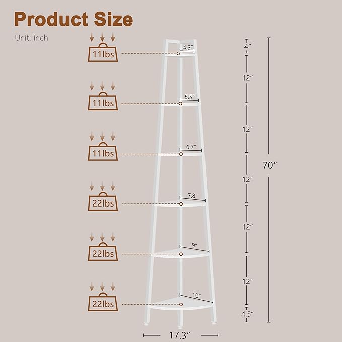 Hoctieon Corner Shelf, 6-Tier Corner Bookshelf, Rustic Ladder Shelf, Industrial Display Stand for Living Room, Kitchen, Home Office, Balcony, Small Space, Metal Frame, White