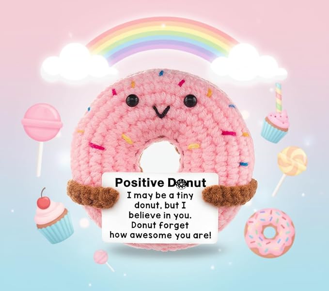 Funny Positive Crochet Donut,Emotional Support Donuts Themed Gift,cute Stuffed Animals Plush,Birthday Gifts for Women,friends(Pink Donut)