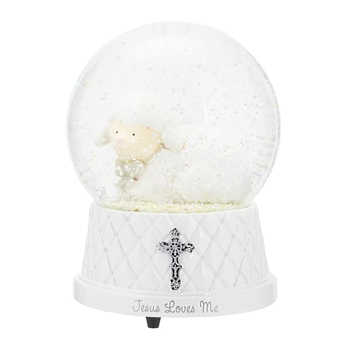 DEMDACO Jesus Loves Me Musical Water Globe - Lamb Snow Globe - Baby Blessing Keepsake - Small Silver Cross - Religious Gift for Kids - Resin & Stone - Great for Blessings & Celebrations
