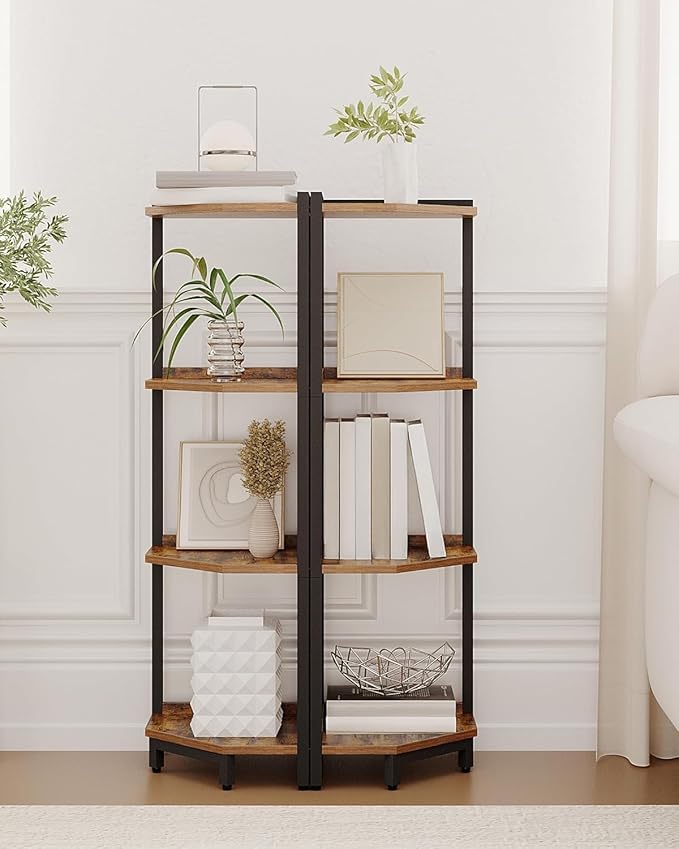 Hzuaneri Corner Shelf Stand, Corner Bookshelf, Storage Standing Shelf Unit with Metal Frame, Plant Stand, Bookcase for Living Room, Home Office, Bedroom, 4-Tier Rustic Brown CS05801B