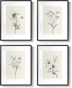 Framed Black and White Botanical Wall Art, Set of 4 Piece Vintage Minimalist Neutral Floral Prints Painting, Farmhouse Rustic Flower Artwork for Bedroom Living Room Fireplace Kitchen Walls, 11x14 Inch