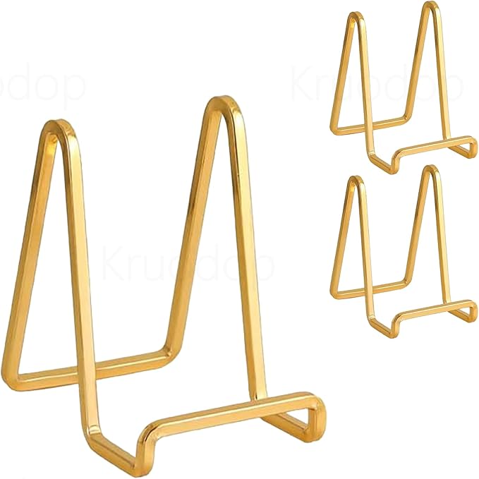 3 Pack 3 inch Metal Plate Stands for Display, Plate Holder Pictures Frame Easel Display Stand, Tabletop Picture Stand, Iron Easels for Display Photo Frames, Plates, Vinyl Record，Book, Sign（Gold）