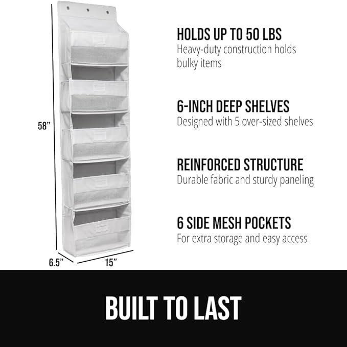 GORILLA GRIP Over The Door Organizer Storage, 5 Deep Hanging Shelves, Holds 50lbs, Closet Organizers Shelf for Bedroom, Shoes, Bathroom, Nursery, Dorm Essentials, 3 Metal Hooks, 58x15 Inches, White