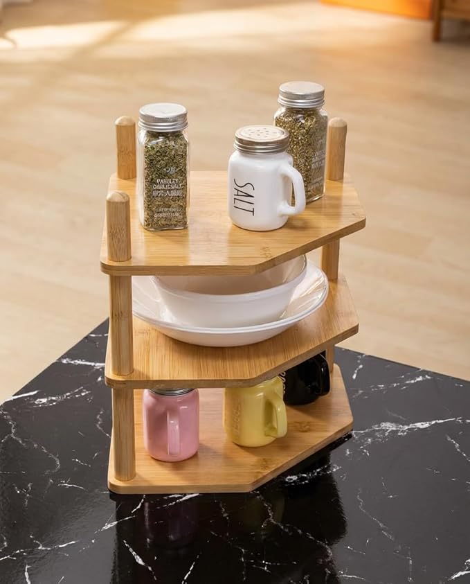 3-Tier Expandable Bamboo Corner Shelf - Dish/Plate Organizer for Cabinet, Kitchen Counter Shelf & Small Kitchen Shelf, Adjustable (Natural, 1-Pc 3.90" H)