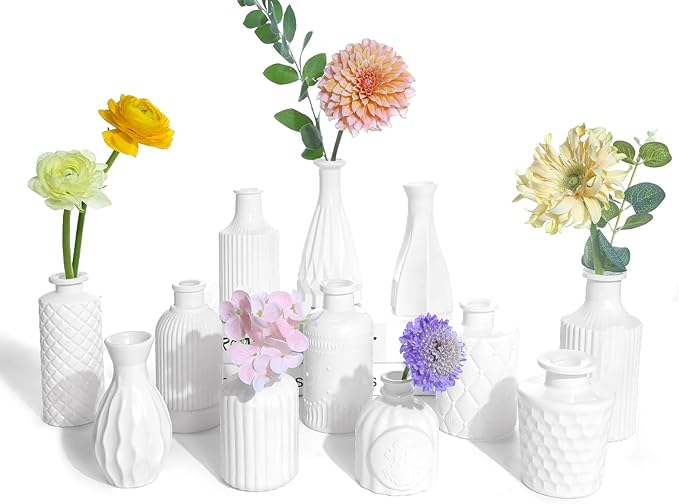 White Glass Bud Vases Set of 12, Small Vases for Flowers, Mini Flower Vases in Bulk for Wedding Decoration, Vintage Vase for Baby Shower Centerpieces, Home Décor