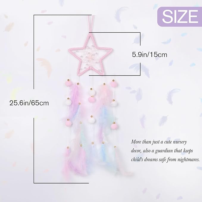 Pretty Jolly Pink Star Kids Dream Catcher Wall Decor Pompom Feather Baby Dreamcatcher Handmade Children Dream Catcher Home Décor Wall Hanging for Nursery Bedroom Boys Girls Birthday Gift-25.6in