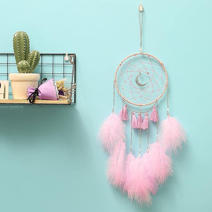 DIY Dream Catcher Kit - Making Dream Catcher Supplies Craft Kit, Handmade Wall Decor for Bedroom, Living Room, Wedding and Party Decoration (Moon-Pink)