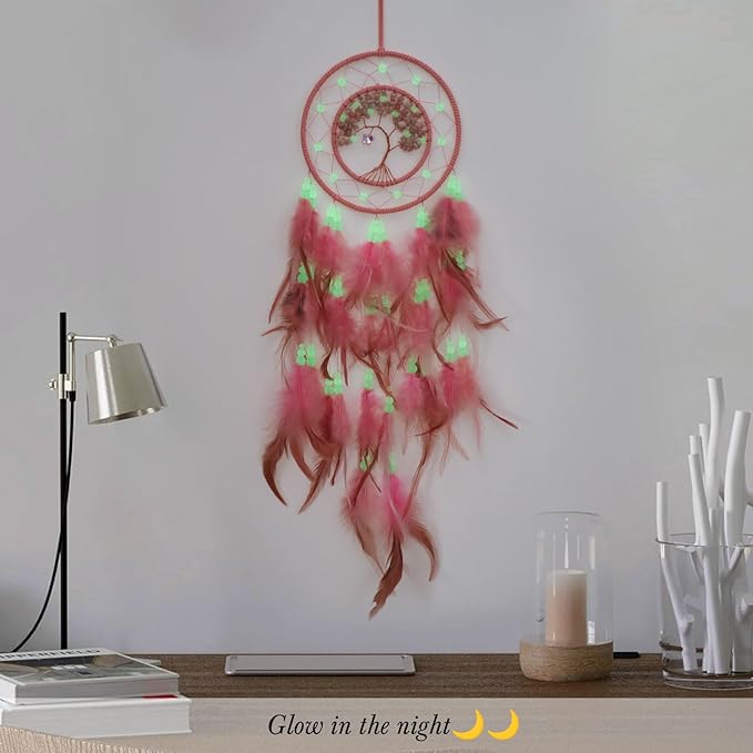 Pretty Jolly Pink Tree of Life Dream Catcher Wall Decor with Luminous Beads Handmade Crystal Stones Dreamcatchers Wall Hanging with Small Butterfly Pendant for Bedroom Wedding Party Wish Gift
