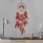 Pretty Jolly Pink Tree of Life Dream Catcher Wall Decor with Luminous Beads Handmade Crystal Stones Dreamcatchers Wall Hanging with Small Butterfly Pendant for Bedroom Wedding Party Wish Gift