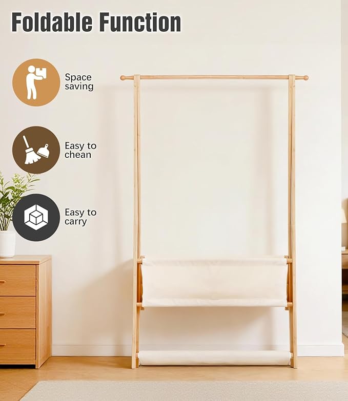 Bamboo Clothes Rack with Storage Box and Storage Shelf, Portable Extra Large Garment Rack Clothing Rack, Foldable Wardrobe For Entryway and Bed Room (M - 39.4 Inch)
