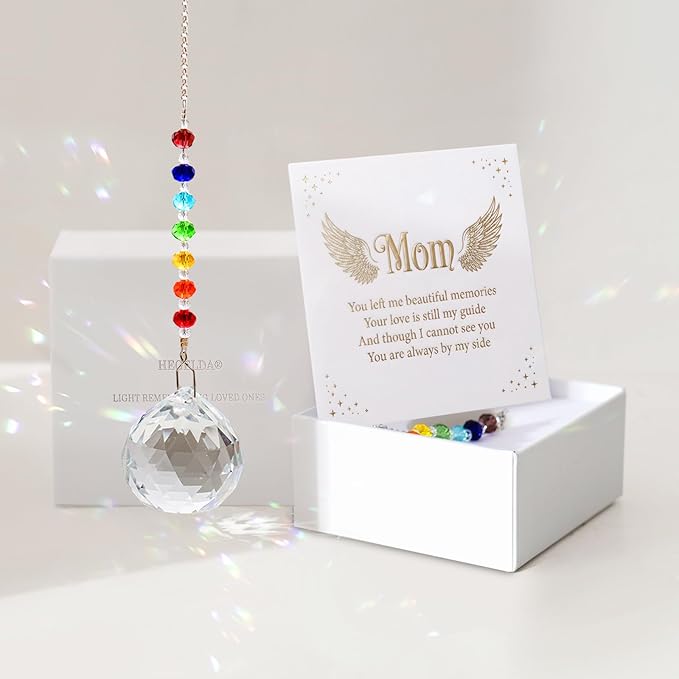 HEGELDA Memorial Gifts for Loss of Mom, Crystal Sun Catcher with Sympathy Poem Card, Refractive Prism Hanging Ornament, Mother Bereavement Keepsake, Premium Gift Box Included