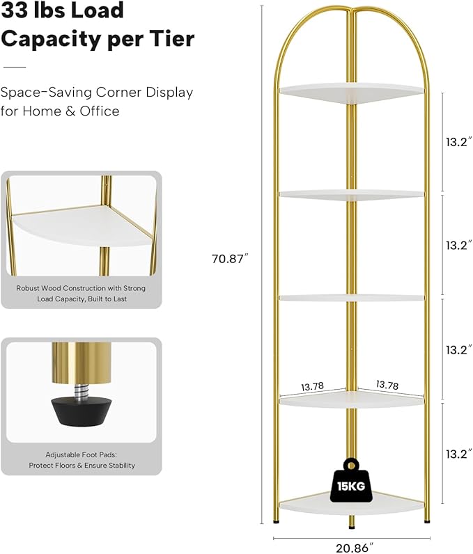 5 Tier Corner Shelf, Luxury Gold Corner Plant Stand with White Wood Shelves,Modern Metal Corner Bookshelf Display Rack,Premium Corner Storage Shelving Unit for Living Room,Bedroom,Bathroom