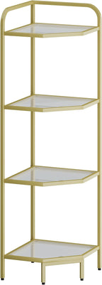 Hzuaneri Corner Shelf Stand, 4-Tier Glass Bookshelf Bookcase, Bathroom Organizer, Plant Stand, Steel Frame, Tempered Glass, Modern Style for Living Room, Bathroom, Kitchen, Golden CS90400G