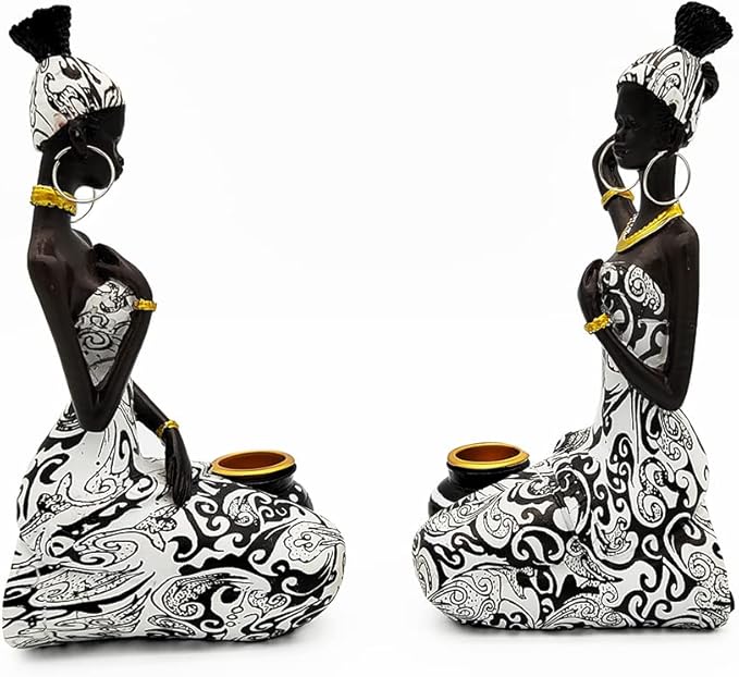 African Statues Art Sculptures Women Figure Girls Tribal Lady Figurine Black Women Home Decor Collectible Creative Vintage Gift Crafts (Black+White)