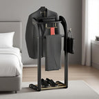Suit Valet Stands for Women and Men, Wood Valet Stand with Base, Wardrobe Suit Valet Stand Organizer with Trouser Bar and Tie Bar, for Office Living Room (Black)