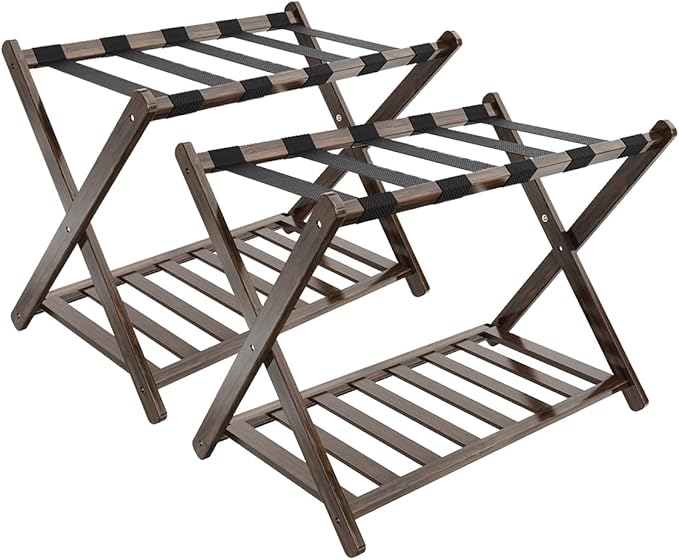 Luggage Racks, Folding Suitcase Stand with Storage Shelf, Bamboo Suitcase Rackwith Unique Magnetic Locking, 2 Pack Assembled Luggage Rack, Luggage Holders Stand for Guest Room, Bedroom, Hotel
