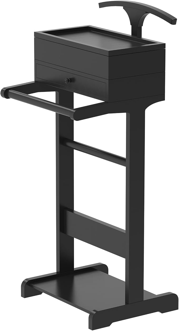 Mens Valet Stand with Drawer, Tray, Shoe Shelf and Suit Rack, Wooden Clothing Rack for Men Women, Clothes Valet Stand for Bedroom Entryway