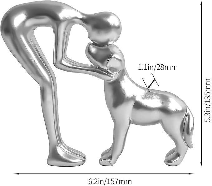 Cute Pet Sculpture Home Decor Man and Dog Statue Decoration for Office、Living Room、Bedroom、Home， Memory Gifts for Dog Lovers (Silver)