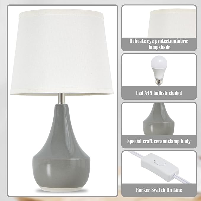 GyroVu 18" Table Lamp Set of 2, Ceramic Table Lamp Classic Beside Lamps Nightstand Lamp Modern Lamp for Living Room, Bedroom & Office Rocker Switch Grey-LED Bulbs Included