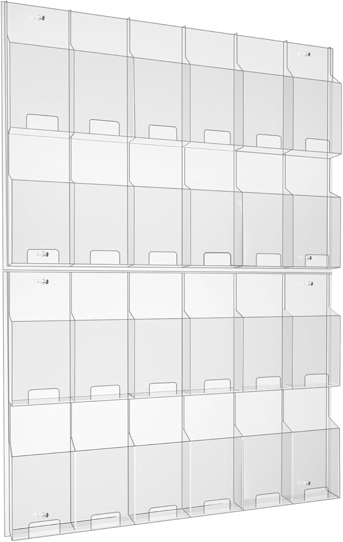 Acrylic Brochure Pamphlet Holder, 24 Clear Wall Mount Display Holders, Trifold Flyer Rack, Literature Storage Rack for Home, Offices, Waiting Room
