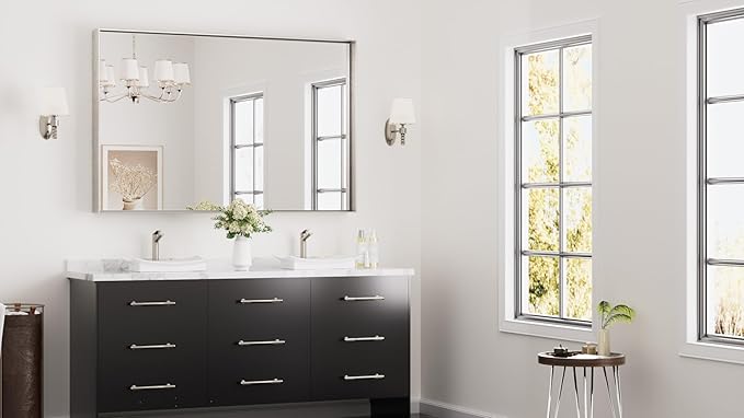 Keonjinn 55 x 36 in Brushed Nickel Bathroom Mirror for Over Sink, Rectangular Silver Metal Framed Rectangular Vanity Wall Mirror Square Corner Modern Farmhouse Rectangle Mirror(Horizontal/Vertical)