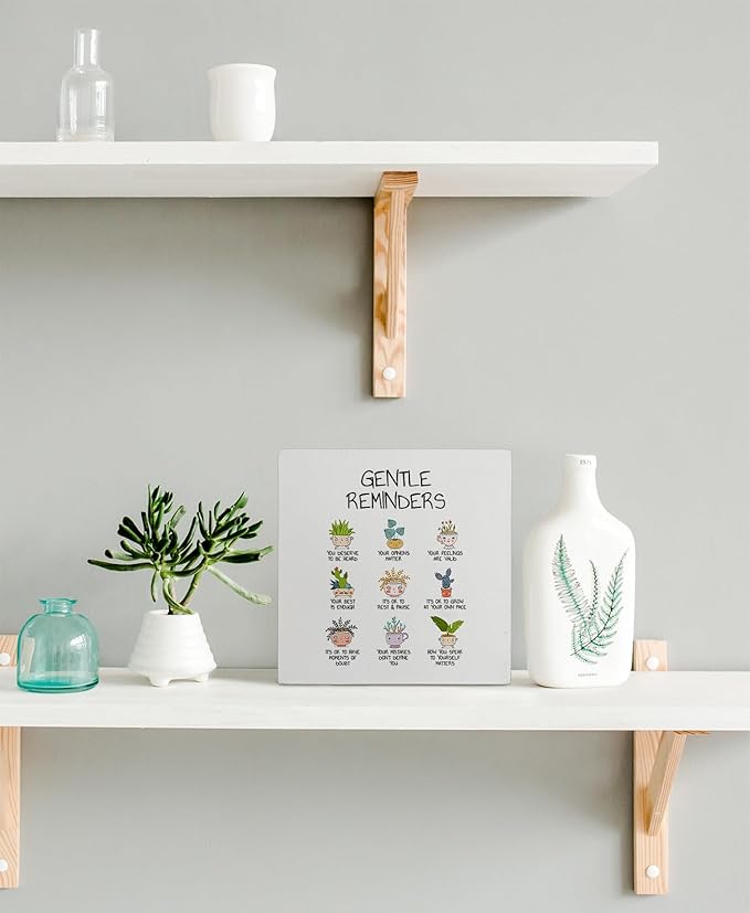 kunlisa Gentle Reminders Mental Health Funny Potted Plant Wooden Box Sign Desk Decor,Rustic Wood Block Plaque Box Sign for Therapy School Counseling Office Wall Shelf Tabletop Decoration