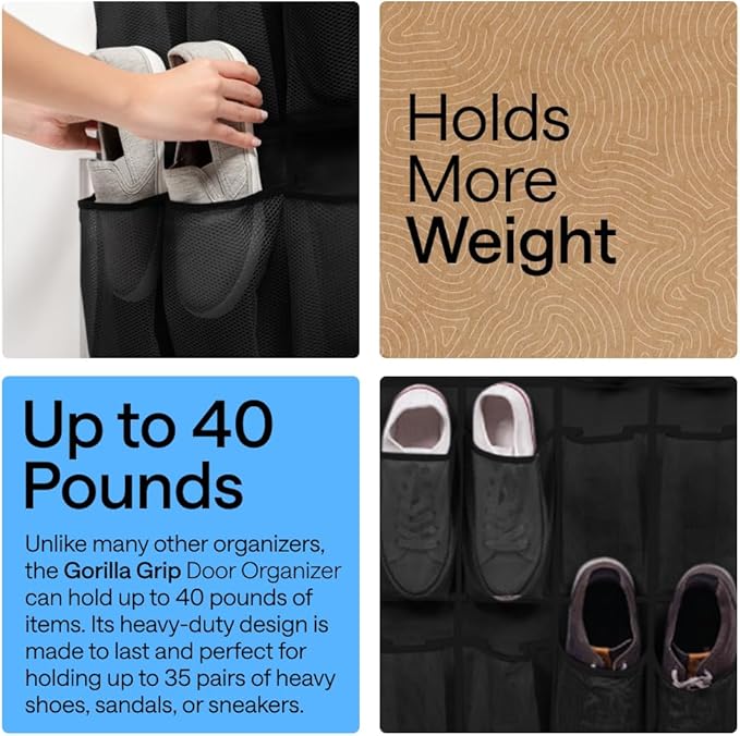 GORILLA GRIP Over the Door Shoe Organizer, 35 Large Breathable Mesh Pockets, Space Saving Hanging Storage Holder, 5 Hook Closet Rack Hanger, Hangs on Closets for Shoes, Accessories 68.5H x 24.5W Black