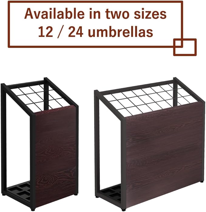 AKIRA Mid-Size Umbrella Stand for 12-Umbrellas Modern Brown Wood Grain & Black Metal Entryway Organizer Rack Holder for Office or Lobby, Model US-US-0325-BKDB