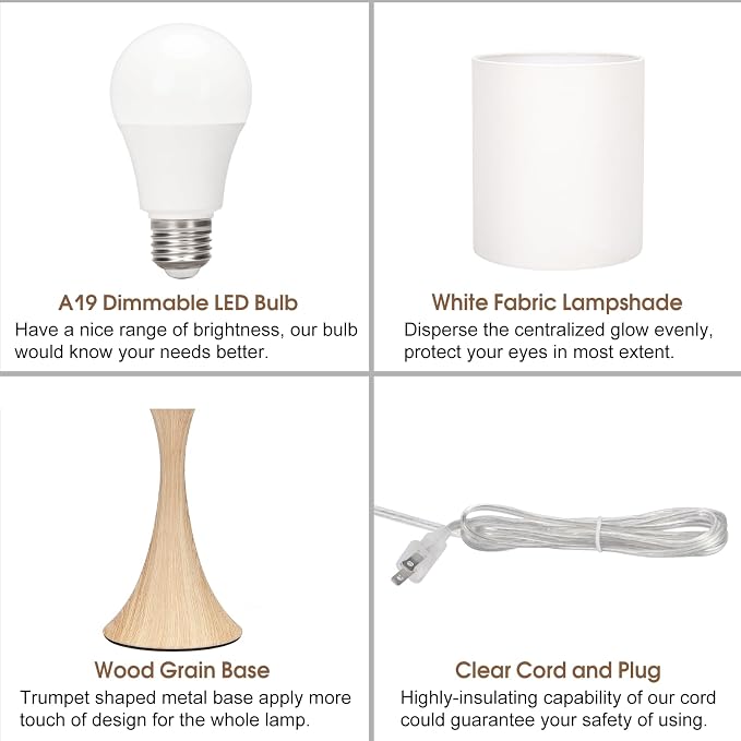 Bedside Touch Lamp, 3 Way Dimmable Touch Control Table Lamp, Wood Grain Farmhouse Table Lamp, Modern Nightstand Lamp with White Shade for Bedroom, Dorm, Office, 3000K LED Bulb Included