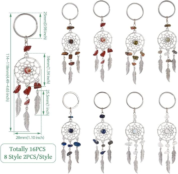 Pandahall 16Pcs Dream Catcher Crystal Charms for Keychains, Antique Silver Bohemia Net Feather Filigree Charms Hanging Ornament Decor for Car Keying Hanging Decoration Birthday Gifts