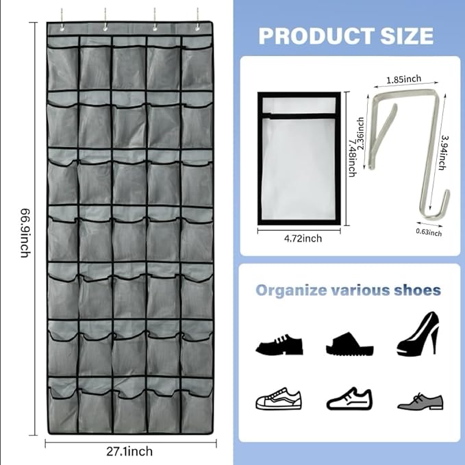 35Large Pockets Over The Door Shoe Organizer, Mesh Pockets Shoe Holder Rack, Capacity hanging shoe organizer，door shoe rack With 4 Metal Hook.
