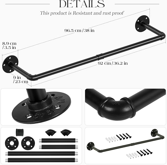 ERYTLLY RYTLLY Industrial Pipe Clothes Rack 38”,Multi-purpose Wall Mounted Iron Garment Rod,Heavy Duty Detachable Hanging Clothes Rack for Closet Rod,Black