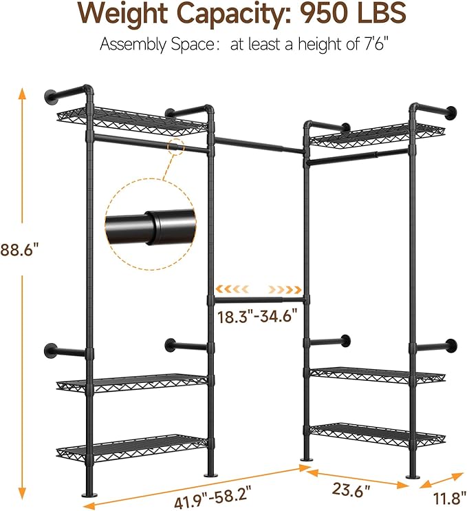 L3 Industrial Pipe Closet Organizer System, Wall Mounted Clothes Rack Clothing Racks with 4 Telescopic Rods & 6 Shelves , Heavy Duty Closet System in Wardrobe Closet (Black)