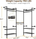 L3 Industrial Pipe Closet Organizer System, Wall Mounted Clothes Rack Clothing Racks with 4 Telescopic Rods & 6 Shelves , Heavy Duty Closet System in Wardrobe Closet (Black)