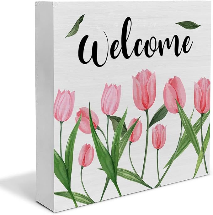 Flower Tulips Spring Wooden Box Sign Farmhouse Spring Welcome Wood Box Sign Art Blocks Desk Sign Rustic for Shelf Tabletop Home Decor 5 X 5 Inch