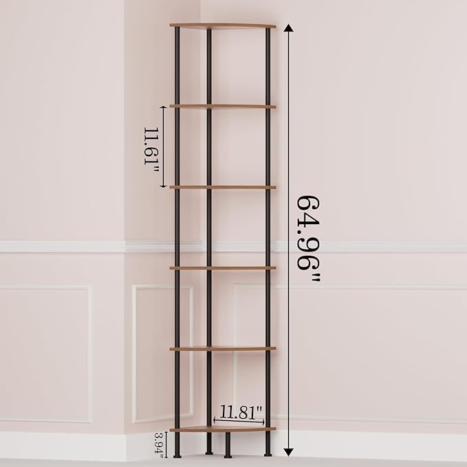 6-Tier Corner Shelf Stand, 65" Industrial Corner Display Rack for Living Room, Bookshelf, Tall Display Shelf, Plant Stand, Storage Standing Shelf for Bedroom, Bathroom, Kitchen, Brown
