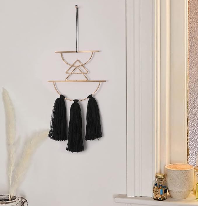 IOWER Boho Wall Decor Black Macrame Wall Hanging Metal Art Cute Home Small Decor for Livingroom Bedroom12 H
