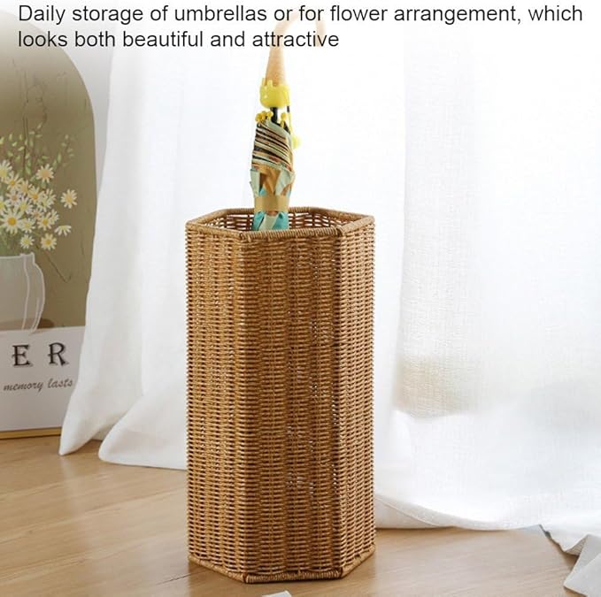 Wicker Umbrella Stand Basket Rattan Style Umbrella Storage Bucket for Home Entryway Office Woven Cane Holder for Walking Sticks and Yoga Mats