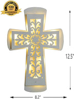 ADAVAS.Y&G Lighted Wall Cross with Fleur-de-lis cutout Design, White Wooden Cross for Wall Battery Operated 12" H